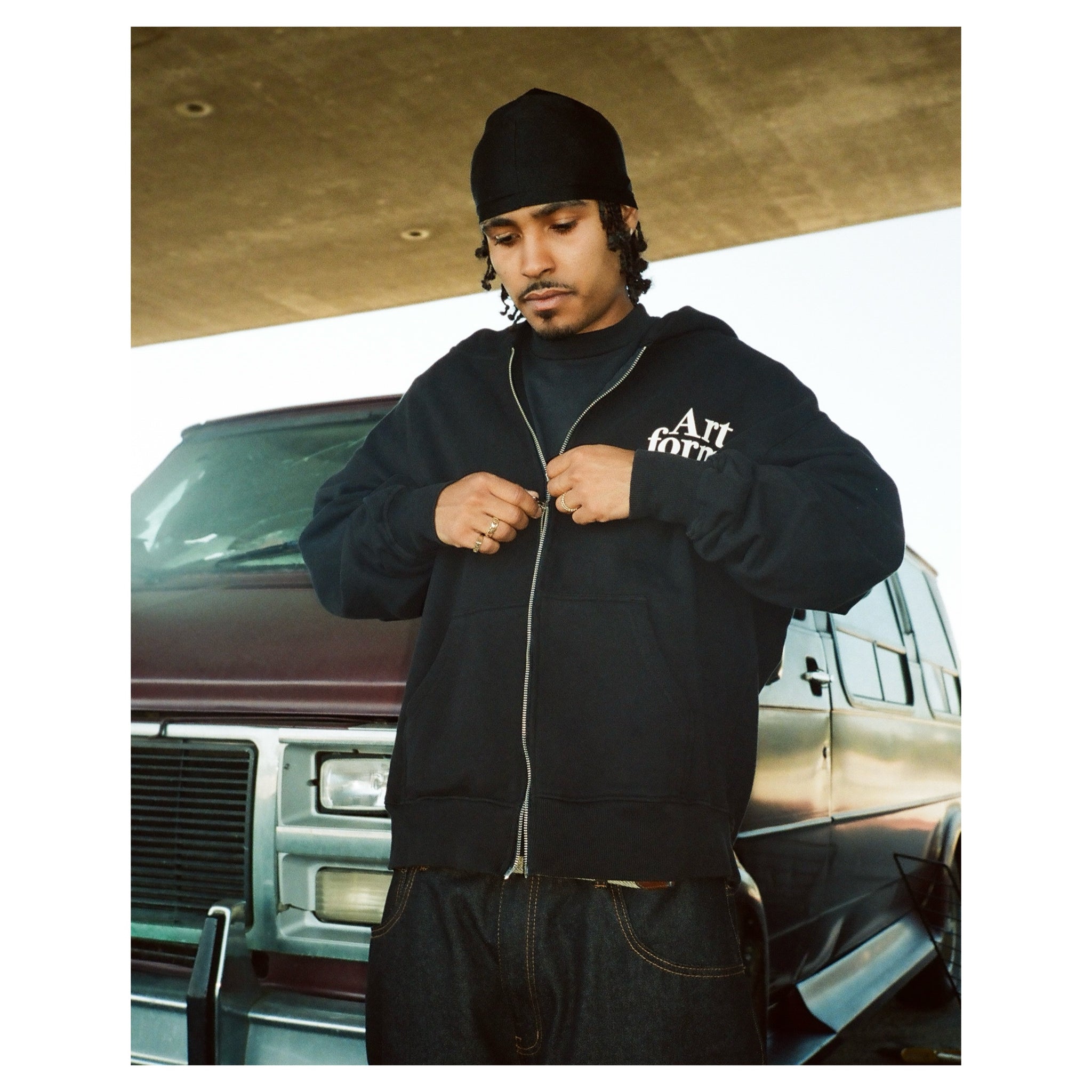 Double Zip Hoodie - Garment Dye Black